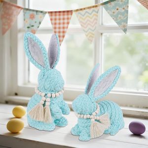 Set di 2 Decorazioni Pasquali Blu con Coniglietto, Centrotavola Rustico per Casa, Decorazioni Primaverili, Statuette di Coniglio Intrecciate - Product Image 3