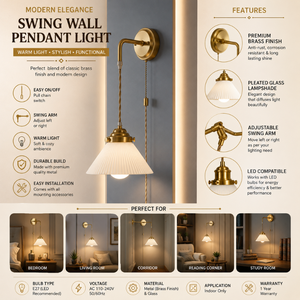 Modern Brass Finish Hanging Wall Pendant <b>Light</b> with Pleated Glass Lampshade <b>LED</b> Swing Wall Lamp <b>for</b> Hotel Bedroom Corridor <b>Room</b> - Product Image 2