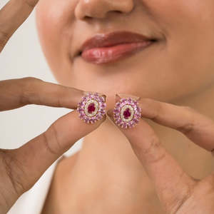 14K Gold Natural Pink Sapphire and Ruby Contemporary <b>Fine</b> Stud <b>Earrings</b> - Product Image 1