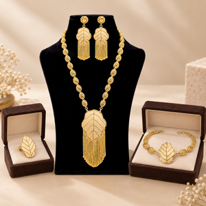 Ensemble de colliers longs à pampilles en forme de feuille pour femmes |   Bijoux élégants dorés à porter en toute occasion |   Ensemble traditionnel de boucles d'oreilles, bracelet et bague assortis - Product Image 1