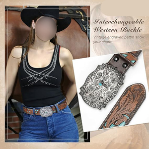 Nuevo Cinturón de Cuero Genuino Estilo Western con Hebilla de Acero e Incrustaciones de Turquesa, Estilo Casual, Impermeable y Ecológico - Product Image 5