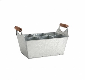 Cesta Organizadora de Herramientas de Metal Galvanizado con Asas de Madera, Compartimentos Divididos, Estilo Rústico de Granja - Product Image 1