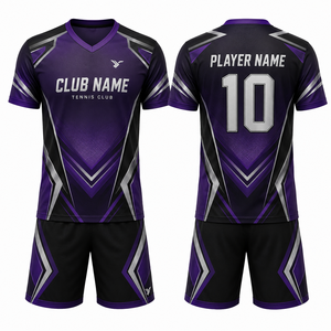 Kit de tennis personnalisé par sublimation, imprimé géométrique violet et noir, séchage rapide, style sportif pour homme, manches courtes, col en V, taille élastique - Product Image 1