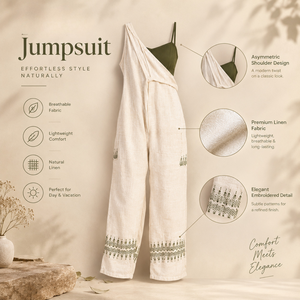 Mono de Lino para Mujer, Blanco, Pierna Ancha, Bordado, Estilo Boho, Hombro Asimétrico, Informal, para Vacaciones y Playa | Conjunto de Verano - Product Image 5
