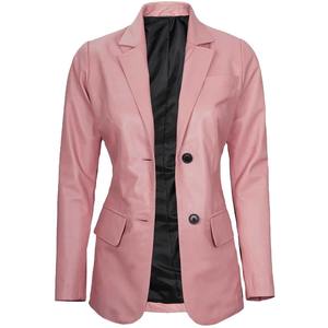 Blazer Rosa de Cuero Genuino para Mujer, Cierre de un Botón, Manga Larga, Cuello Camisero, Color Sólido, Tejido Transpirable, Resistente al Viento - Product Image 1