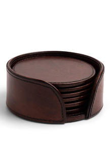 Maison & Jardin>Ensemble de 4 dessous-de-verre classiques ronds en cuir marron avec bord cousu et base en feutre - Product Image 4