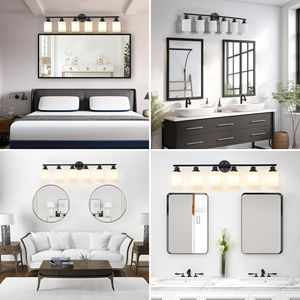 Modern 6-<b>Light</b> 39\" <b>Vanity</b> Bathroom <b>Mirror</b> Frosted White Glass with Black Iron Frame Contemporary Wall Sconce for Bedroom - Product Image 4