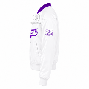 NCNW Sorority Women's <b>Purple</b> White Contrast Satin <b>Varsity</b> <b>Jacket</b> Snap Button Front Rib Knit Collar Cuffs College Wear - Product Image 3