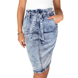 High Quality Women Denim Retro Acid-Wash Denim Pencil Skirt High-Waist with Belt Slim Fit Front Pocket Streetwear Style - Product Image 2