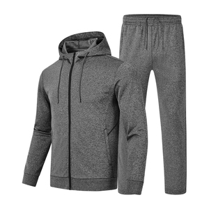 Ensemble de survêtement gris à capuche pour homme, manches longues, fermeture éclair, couleur unie, décontracté, respirant, coupe régulière, pour l'automne - Product Image 1