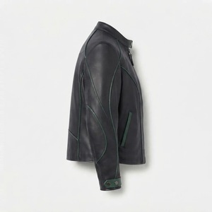 <b>Women's</b> Black Genuine Leather Moto <b>Jacket</b> With Green Contrast Stitching Full <b>Sleeve</b> Stand Collar Zipper Closure Autumn Style - Product Image 3