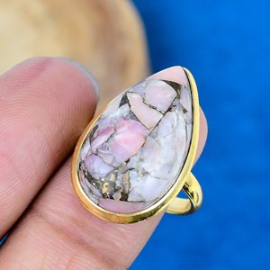 Handmade Pink Copper Opal Pear Shape Gemstone 18K Gold Micron Over 925 Sterling <b>Silver</b> <b>Ring</b> - Product Image 3