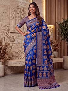 Artisan Ajrak Print Crap Silk <b>Saree</b> With Real Mirror Handwork Unstitched Blouse Festive Wedding Traditional Regional Clothing - Product Image 2