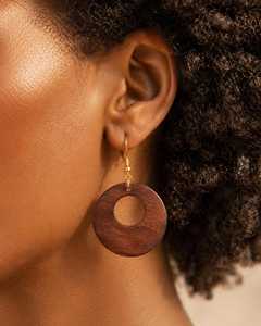<b>Wooden</b> <b>Circle</b> Drop Earrings With Gold Hook Closure Bohemian Style For Women Jewelry Findings - Product Image 1