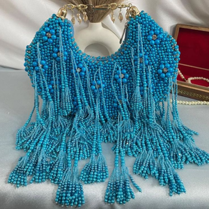 Sac à main de luxe fait main avec des franges de perles bleu turquoise, élégant sac de soirée, accessoire de mode bohème pour femme - Product Image 2