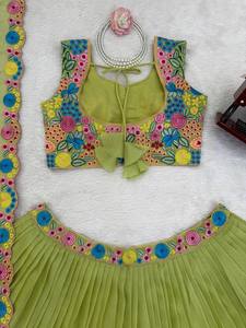 Designer Traditional <b>Green</b> Threadwork Organza <b>Silk</b> Slim Fit Lehenga Choli Festive Ready Stitched Latest Bridal Wedding Party All - Product Image 3