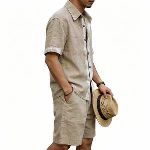 Ensemble chemise et short en lin bleu clair pour homme, tenue décontractée d'été, coton tissé respirant, ensemble deux pièces - Product Image 5