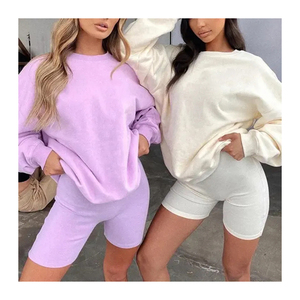 Custom Womens Winter Solid Twin Set Oversized Long Sleeve Sweatshirt <b>Shorts</b> Embroidered <b>Patches</b> Logo Optional - Product Image 6