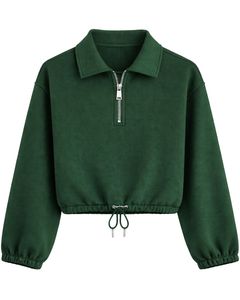 Sudadera Corta Verde Personalizada para Mujer con Cierre de Cremallera, Estilo Casual, con Cordón Ajustable en el Bajo, de Felpa Suave, Algodón y Poliéster, para Invierno - Product Image 1