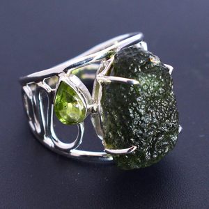 New Bohemian Style 925 Sterling Silver <b>Ring</b> With Natural <b>Green</b> Moldavite Stone & Peridot Gemstone For Everyday Wear Fine Jewelry - Product Image 2