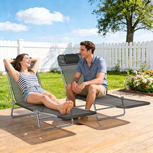 Set di 2 Sedie a Sdraio Pieghevoli con Schienale Reclinabile, Seduta in Rete Traspirante e Poggiatesta, Lettini Prendisole Neri - Product Image 2