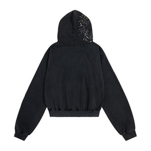 Sweat à capuche pour homme en mélange coton-polyester, teint en pièce, orné de strass, finition délavée, motif à carreaux - Product Image 5