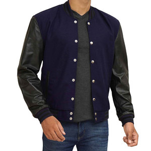 <b>Men's</b> Wool Varsity <b>Jacket</b> Genuine Leather Sleeves Custom Letterman Baseball <b>Bomber</b> Coat Snap Closure Side Pockets Polyester - Product Image 2