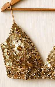 <b>Women's</b> COUTURE Gold <b>Sequined</b> Beaded Bohemian Floral Print Polyester Short Cami <b>Top</b> Front Logo Sexy Sparkly Bralette Clubwear - Product Image 4