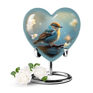 Urne commémorative décorative en métal en forme de cœur avec oiseau sur fil, motif moineau, avec support et sac en velours, vente en gros - Product Image 3