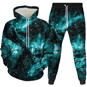 Ensemble de survêtement unisexe violet à imprimé galaxie en polyester à séchage rapide, avec sweat à capuche et pantalon, tenue décontractée d'automne à manches longues avec cordon de serrage - Product Image 2