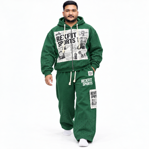 Conjunto deportivo con capucha y cremallera completa, estampado gráfico, en tejido french terry para hombre, con pantalones deportivos de pierna ancha y dobladillo abierto, y etiquetas personalizadas OEM. - Product Image 2