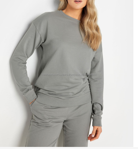 Ensemble de survêtement gris pour femme, col rond, coupe classique, en coton tricoté, couleur unie, décontracté, automne, pantalon de jogging, manches longues, respirant, léger - Product Image 6