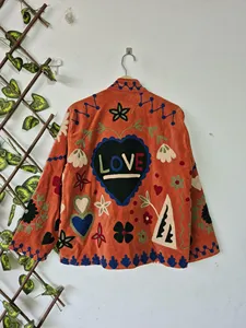 Premium Orange Soft <b>Velvet</b> Suzani Embroidery <b>Jacket</b> Love & Floral Print Full Sleeve Stand Collar Boho Chic <b>Women's</b> Autumn Coat - Product Image 2