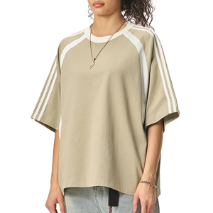 T-shirt ample en coton à manches courtes pour femme, style vintage, rayé, avec empiècements contrastants en maille, idéal pour le sport, la gym, le club ou le jogging - Product Image 2