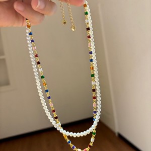 Collier de luxe double couche arc-en-ciel, design de niche, perles dopamine, perle d'eau douce, chaîne de clavicule, superposé tendance - Product Image 3