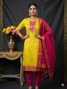 <b>Women's</b> Yellow Pink Cotton <b>Kurta</b> Set With Dupatta Traditional Indian Pakistani Casual Wear Regular Fit Suit Set for <b>Womens</b> - Product Image 2