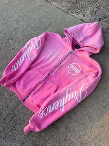 <b>Pink</b> Hooded Zip-Up Sweatshirt Custom Screen Print Fleece Cotton Box Thick Heavy 360gsm <b>Mens</b> Boxy Fit Zip up <b>Hoodies</b> - Product Image 1
