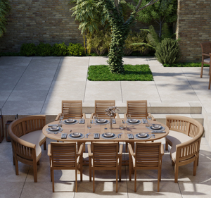 Ensemble de table à manger ovale en teck massif pour l'extérieur, 8 places avec fauteuils, finition naturelle, meubles de jardin de luxe pour villa - Product Image 1