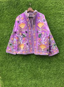 Purple Floral Embroidery Velvet <b>Kimono</b> <b>Cardigan</b> Long Sleeve Loose Fit Mandarin Collar Autumn Casual Beautiful Elegant Boho - Product Image 1
