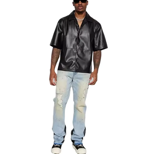 Chemise décontractée noire en satin à manches courtes pour homme, col rabattu, style urbain, tenue d'été - Product Image 1