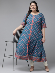 Kurti Anarkali en rayonne pour femmes grandes tailles, col rond, manches courtes, design floral bleu élégant et décontracté pour tous les jours - Product Image 4