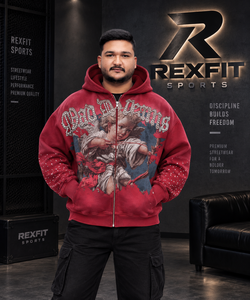 GRAY FOUR SPORTS Sweat-shirt à capuche zippé pour homme, rouge, imprimé graphique, coupe oversize, style streetwear, entièrement zippé, épais - Product Image 2
