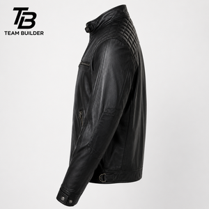 Blouson de moto d'hiver imperméable en cuir véritable pour homme grande taille TEAM BUILDER avec garniture en peau de mouton, col montant et doublure à carreaux zippée - Product Image 3
