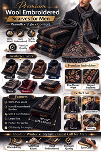 Bufanda de Lana para Hombre con Bordado de Puntos a Mano, Chal de Invierno Suave y Cálido con Diseño Floral, para Uso Formal o Casual, Ideal para Regalo - Product Image 6