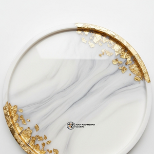 Luxury White Marble Effect Resin Serving Tray with Gold <b>Foil</b> Edge | Handmade Round Decorative Tray | Modern Minimalist Coffee - Product Image 2