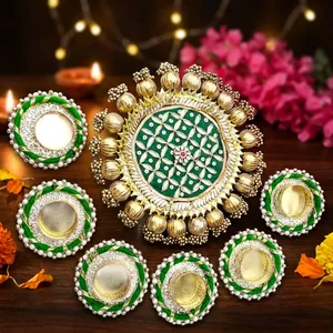 Handmade Eco-Friendly Luxury Unique Green Gold Pearl <b>Tealight</b> Candle <b>Holder</b> Set Floral Rangoli Tray Diwali Party Festival Home - Product Image 4