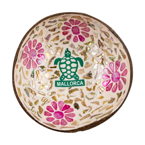 Venta al por mayor de cuencos artesanales de concha de coco con nácar, mosaico floral rosa de tortuga marina de Mallorca, vajilla fabricada en Vietnam. - Product Image 1