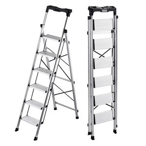 Échelle pliante portable en aluminium à 6 marches avec poignée confortable, marches larges antidérapantes, capacité de 330 lb pour usage en grenier et en salle de sport - Product Image 1