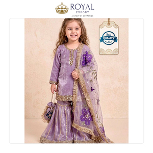Robes élégantes pour mariage et soirée, en soie Gmy pure, ensemble Sharara pour enfants avec broderie et dupatta en organza - Product Image 3