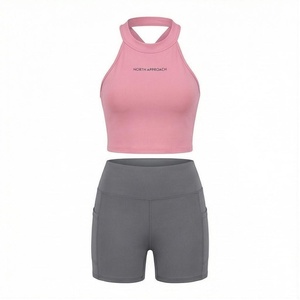 North Approach 2 Piece Yoga Set Pink Crop <b>Top</b> Gray Shorts High Waist Seamless <b>Sweat</b> Wicking Breathable Sportswear - Product Image 1